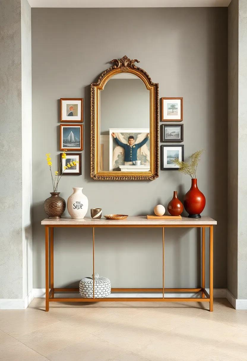 Console Table Dressed With A Bold Colorful Gallery Wall Mirror And Eclectic Collectibles