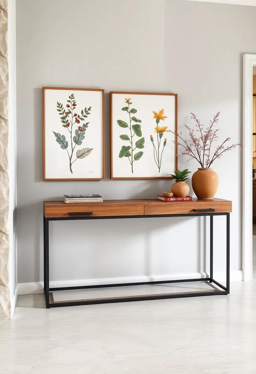 Nature Inspired Console‌ Table With ⁢Botanical‍ Prints Rustic‌ Wooden Accents And Earthy Ceramic Pots