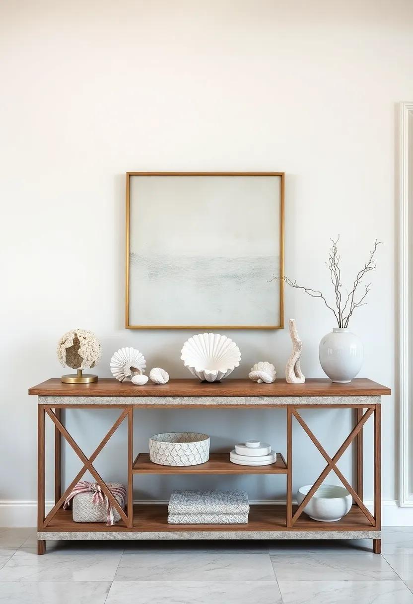 Coastal Inspired⁤ Console Table Showcasing Seashell Collections Driftwood Sculptures And Linen Fabrics