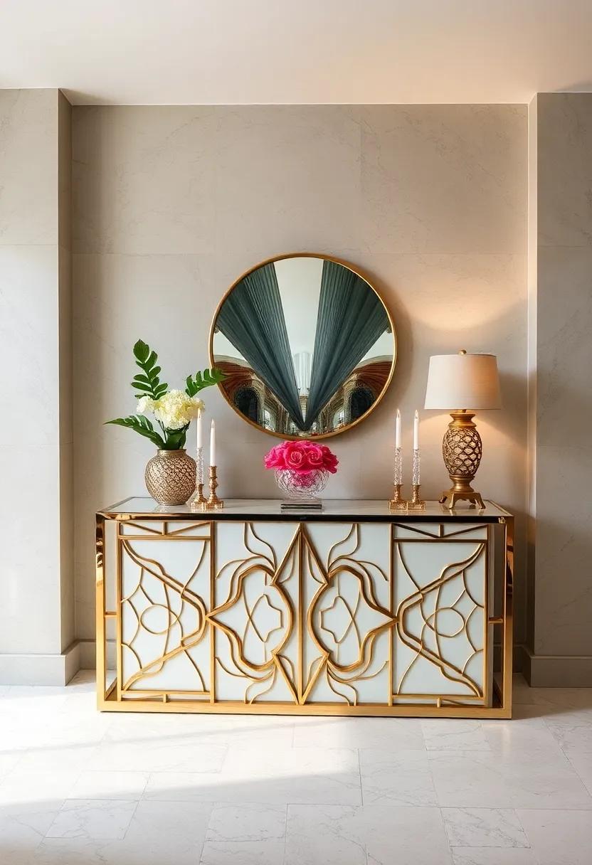 Art Deco Console Table Styled With Bold Geometric⁣ Patterns Polished metals And Crystal Décor ⁣Pieces