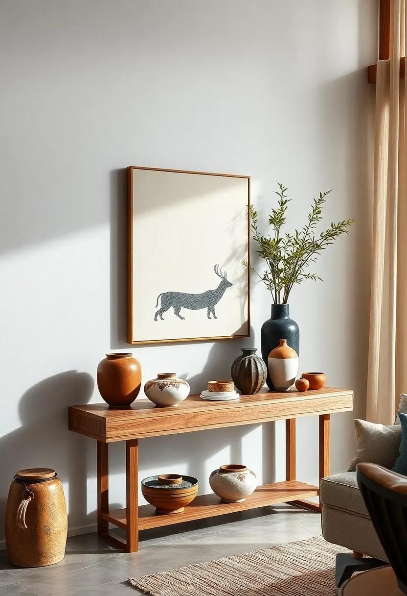 Console ⁤Table Display Featuring Handcrafted ​Pottery Warm ⁣Wooden Finishes And soft Natural Light
