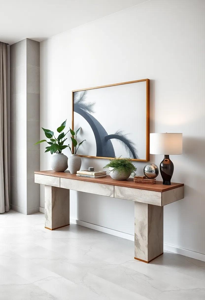 Urban chic Console Table Featuring Concrete Planters Black​ And White Photography and Clean Lines