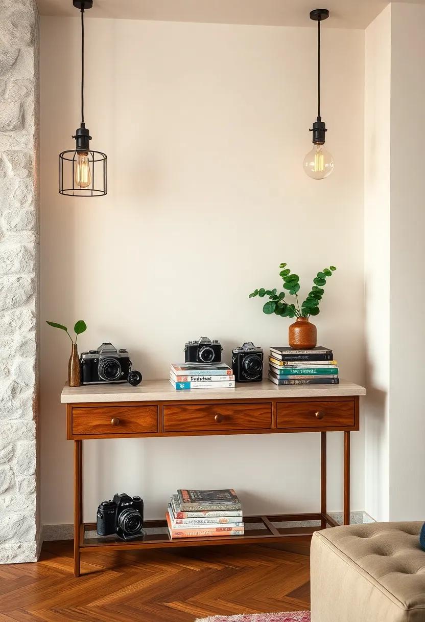 Console table Adorned​ With Vintage Cameras Stacked Magazines And industrial Style Lighting Fixtures