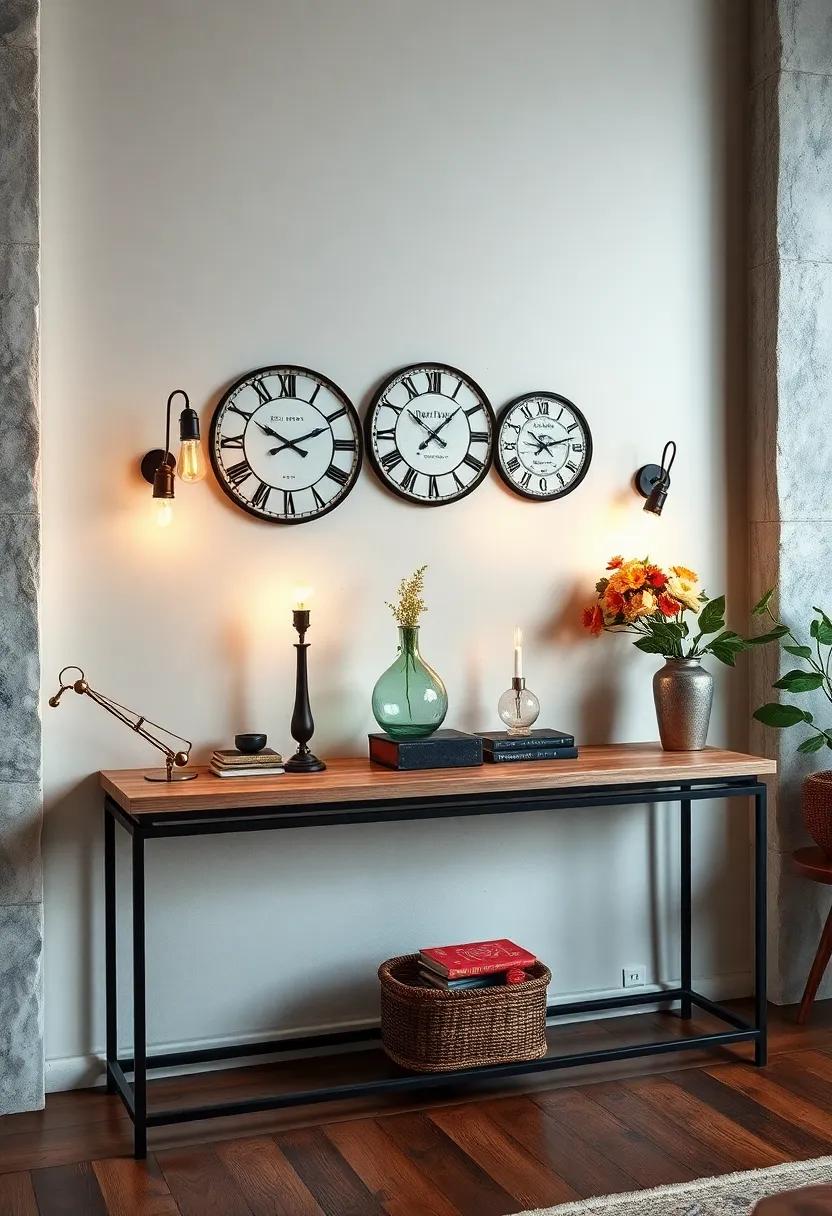 Industrial Style Console Table With Exposed​ Metal Frame Vintage Clocks And Edison​ Bulb lamps