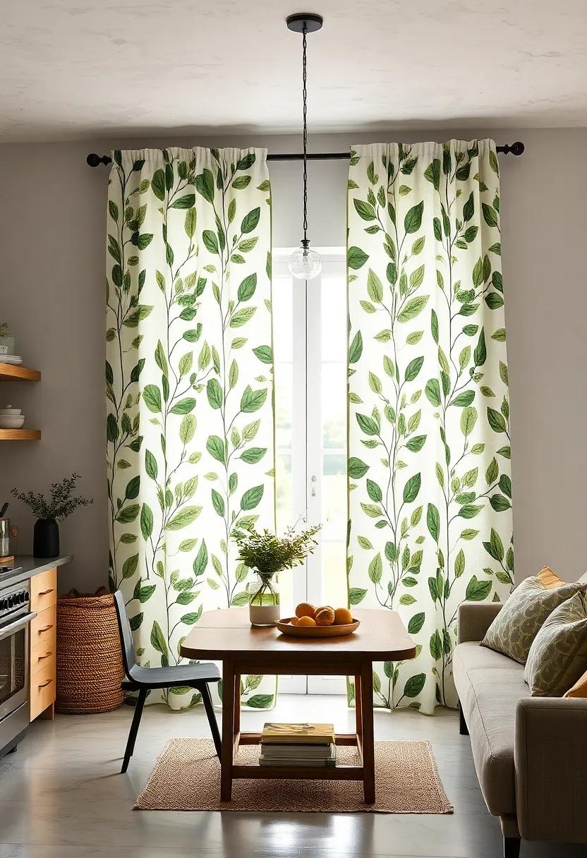 Printed Botanical Curtains with ⁣Soft Green Leaves