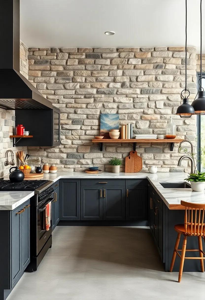 Contrasting‌ sleek ‌black appliances with raw⁢ stone surfaces for modern rustic appeal