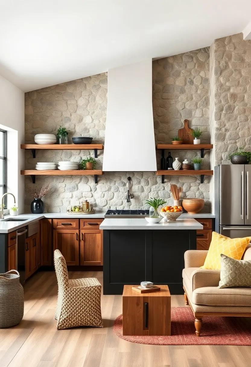 Open ‌shelving ⁣crafted‍ from reclaimed wood set against rough stone for a balanced rustic look