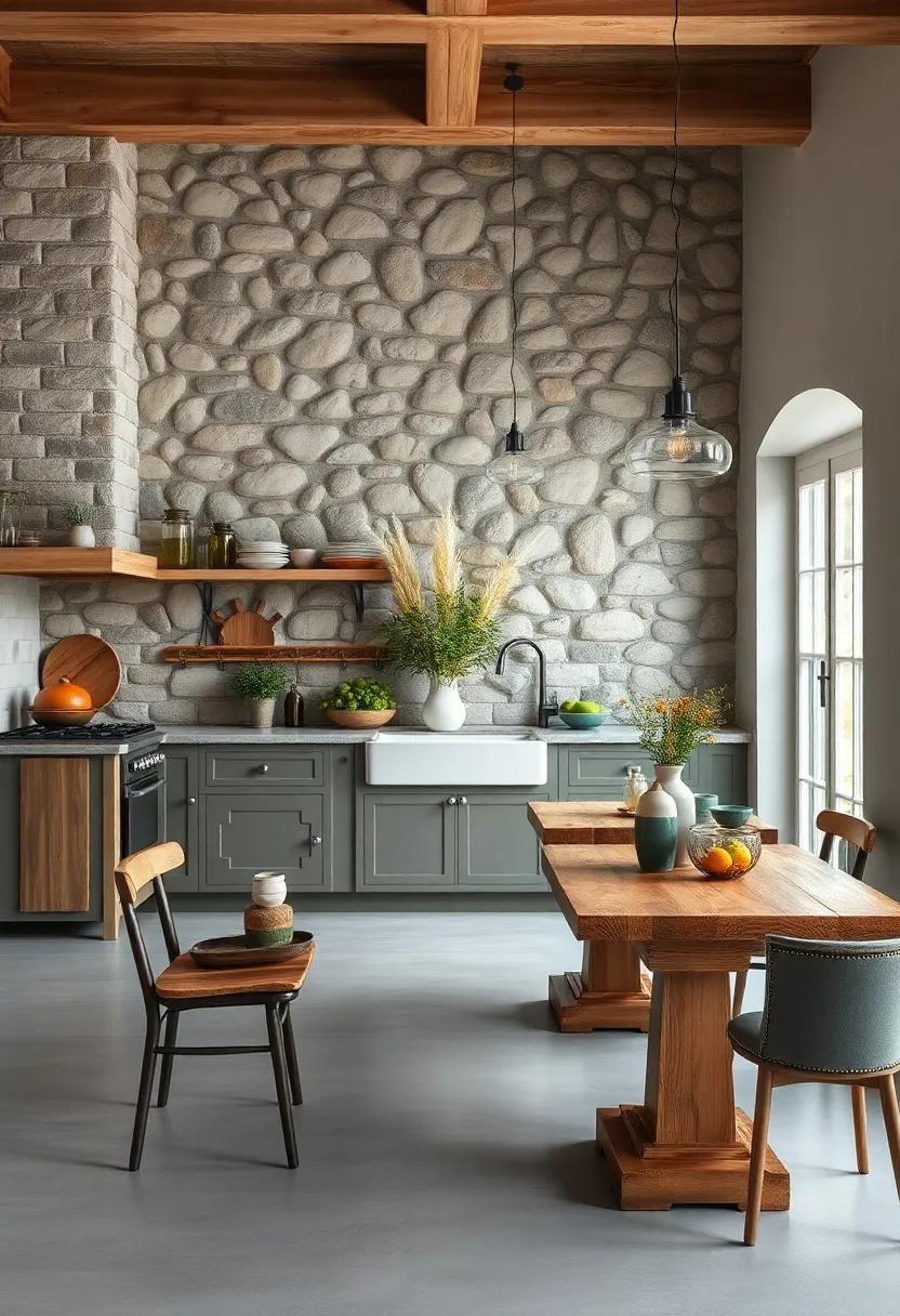 Rustic farmhouse ‍tables made from distressed wood ⁤to complement the rugged stone background