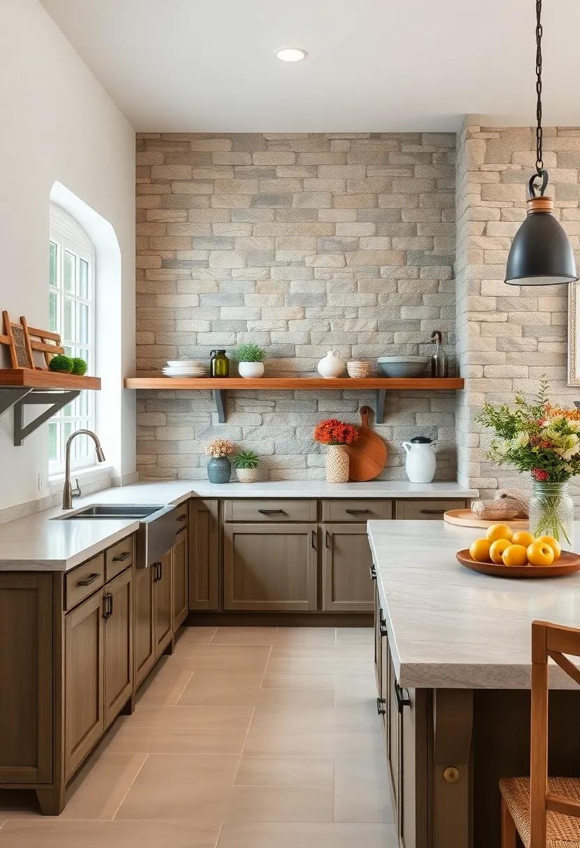 Statement stone countertops with rough edging to emphasize‍ farmhouse authenticity
