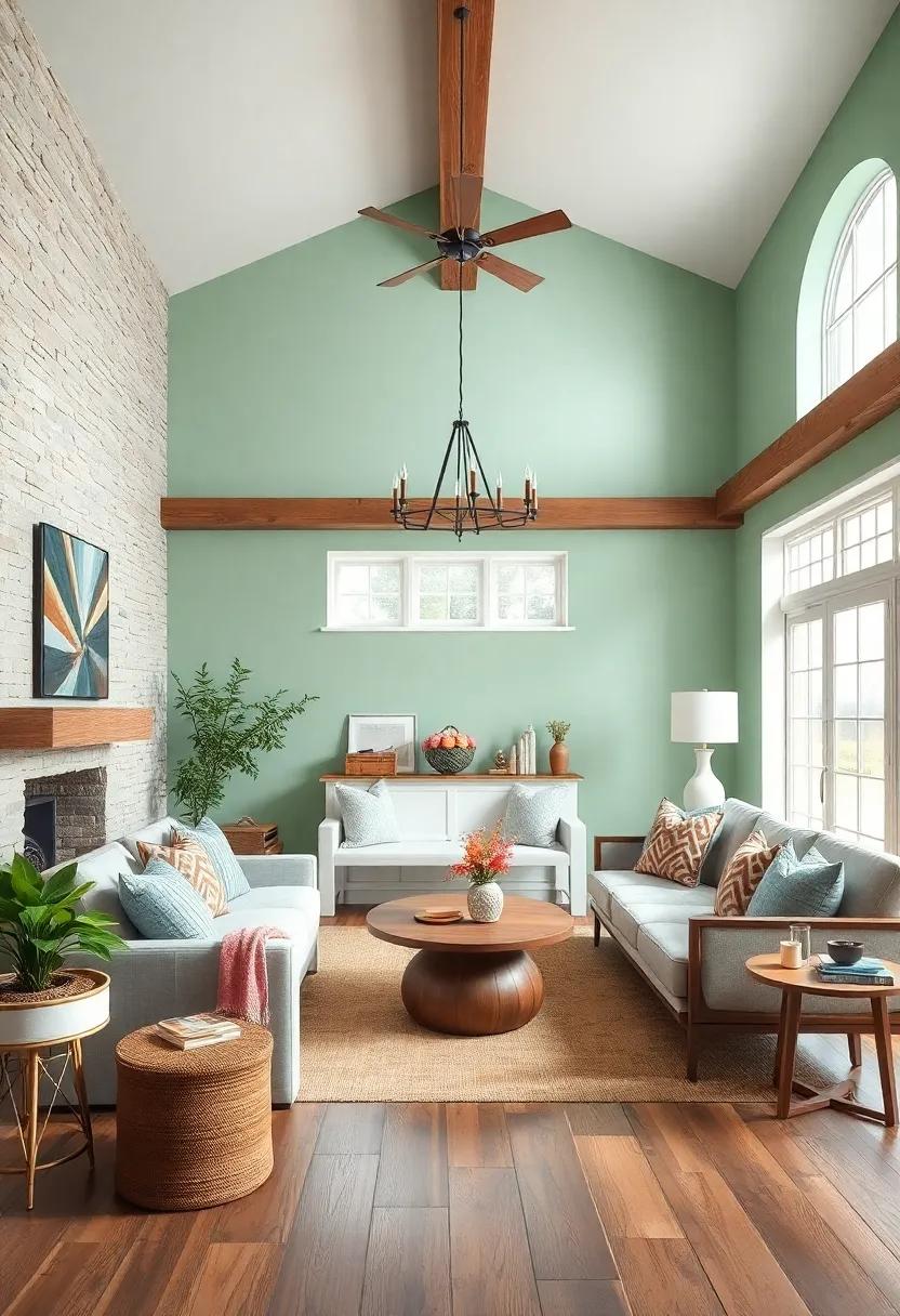 Soft Mint Green Walls Paired with Rustic Wood Beams
