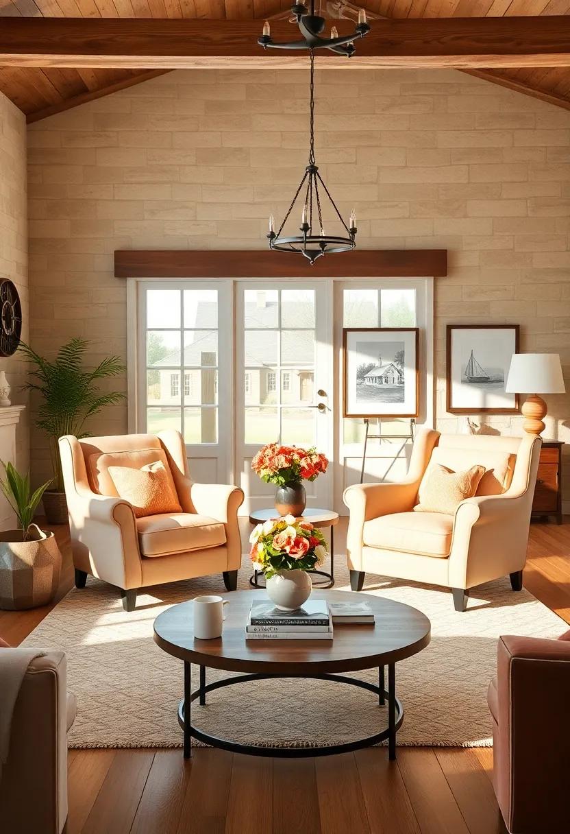 Creamy Peach Accent Chairs with Vintage Farmhouse Prints