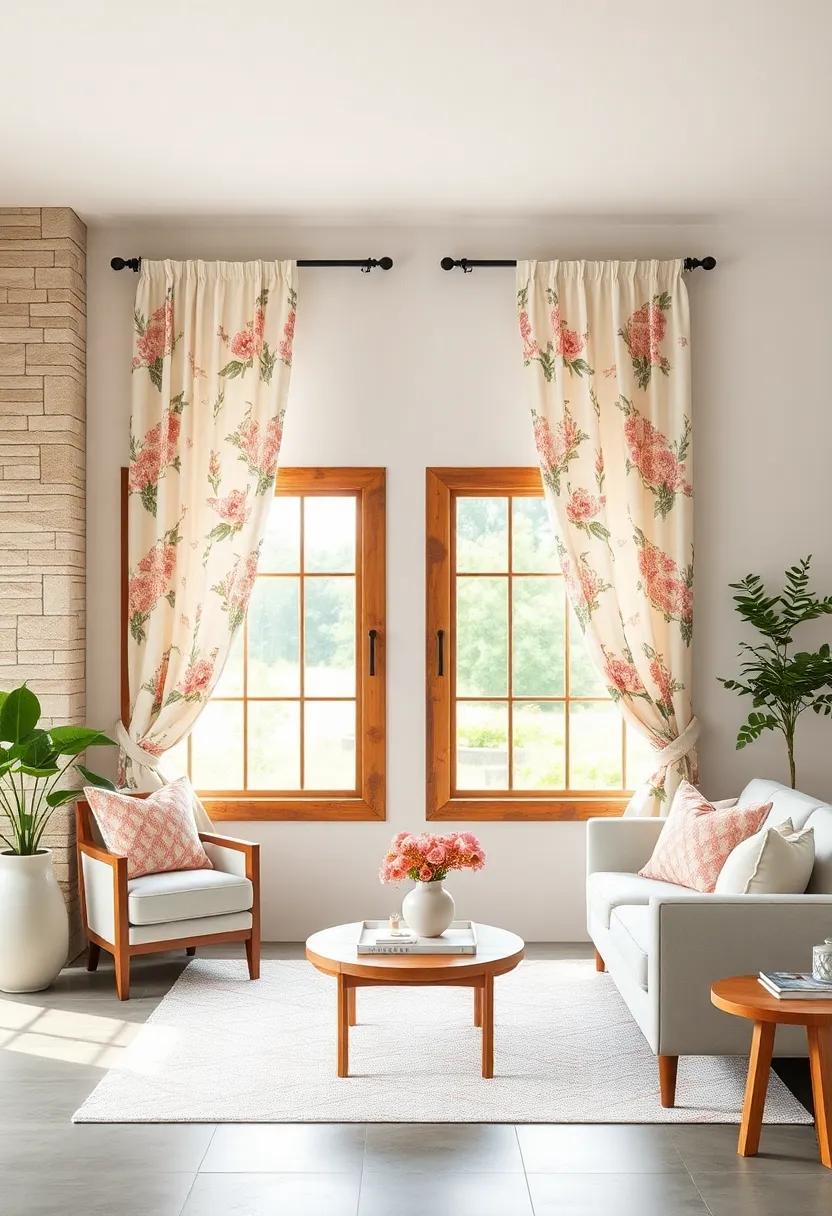 blush-Toned Floral Curtains Hanging Over Reclaimed Wood Windows