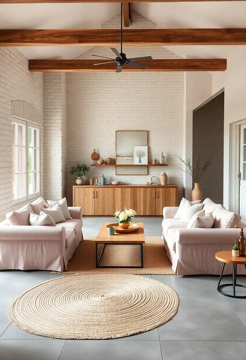 Pale Pink Slipcovered Sofas with Natural Jute Rugs