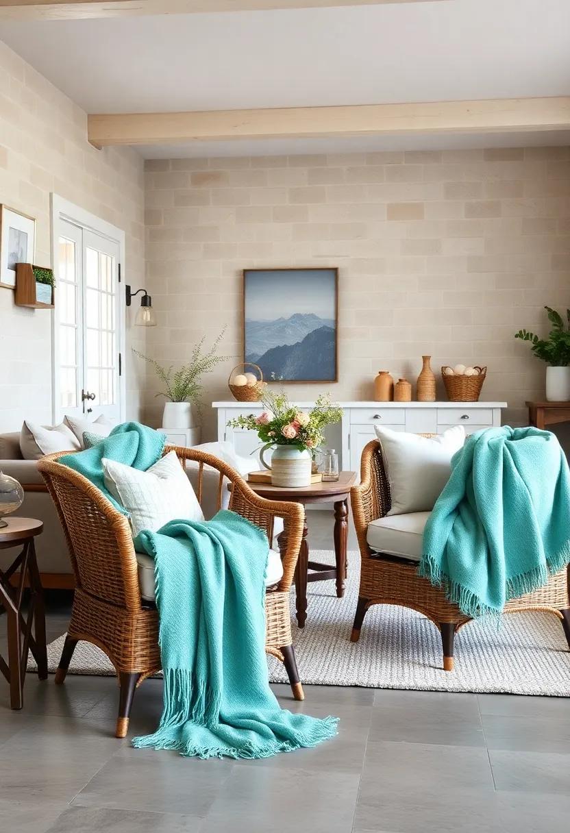 Muted Turquoise Throw Blankets Draped Over Woven Chairs
