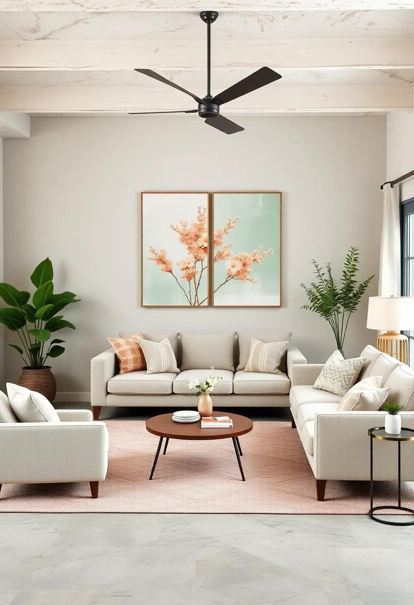 Soft Coral and Willow Green Canvas Prints Over neutral Sofas