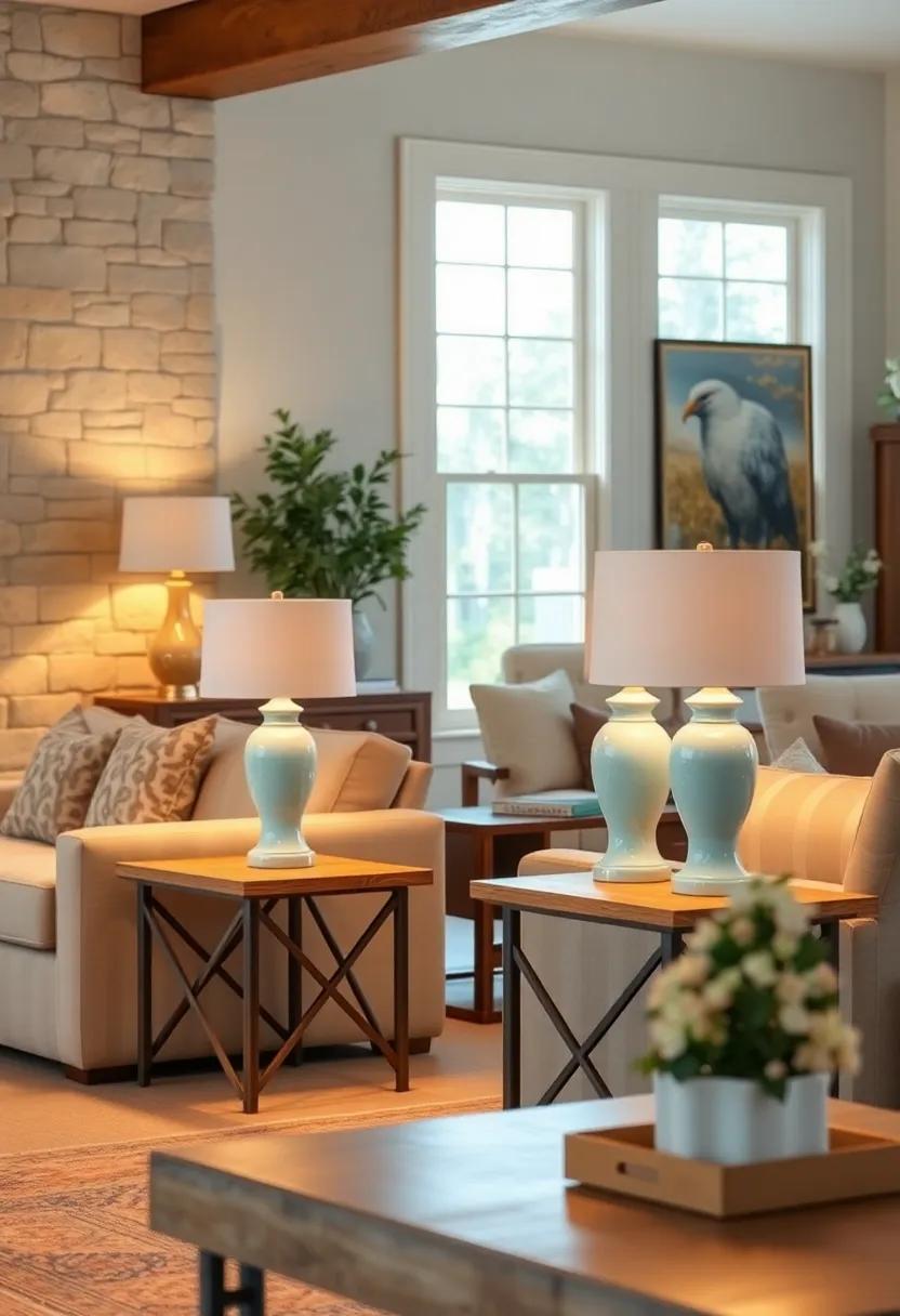 Baby Blue Porcelain Lamps on Rustic End Tables