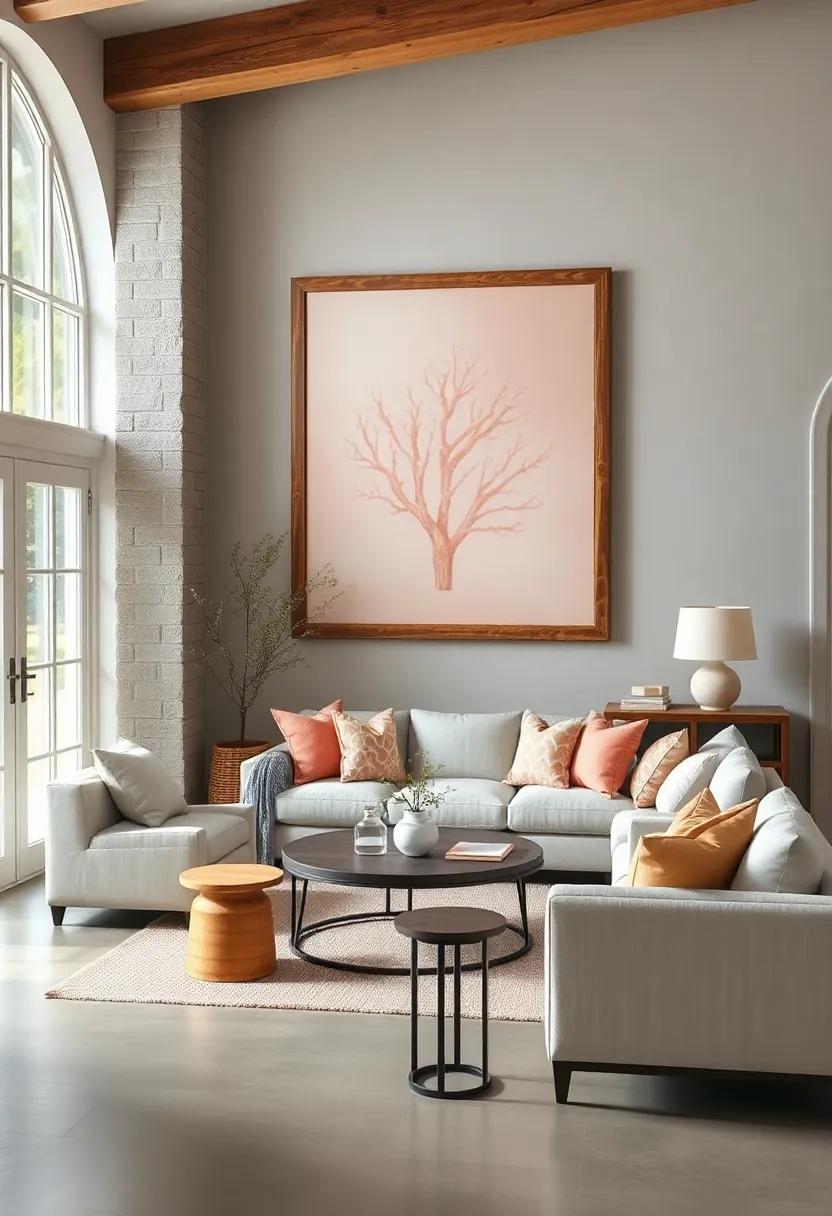 Pale Coral Wall Art Framed by Raw wooden borders