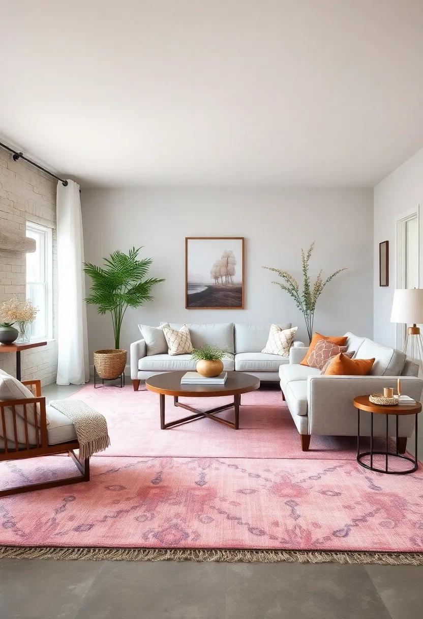 Light Mauve Area Rugs Complementing Farmhouse Furniture