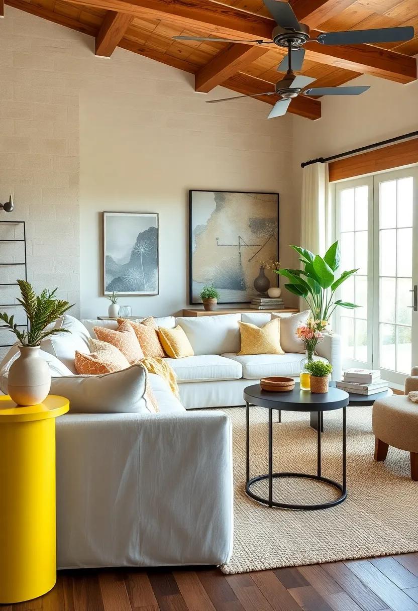 pastel Yellow Painted Side Tables with Industrial Metal Accents