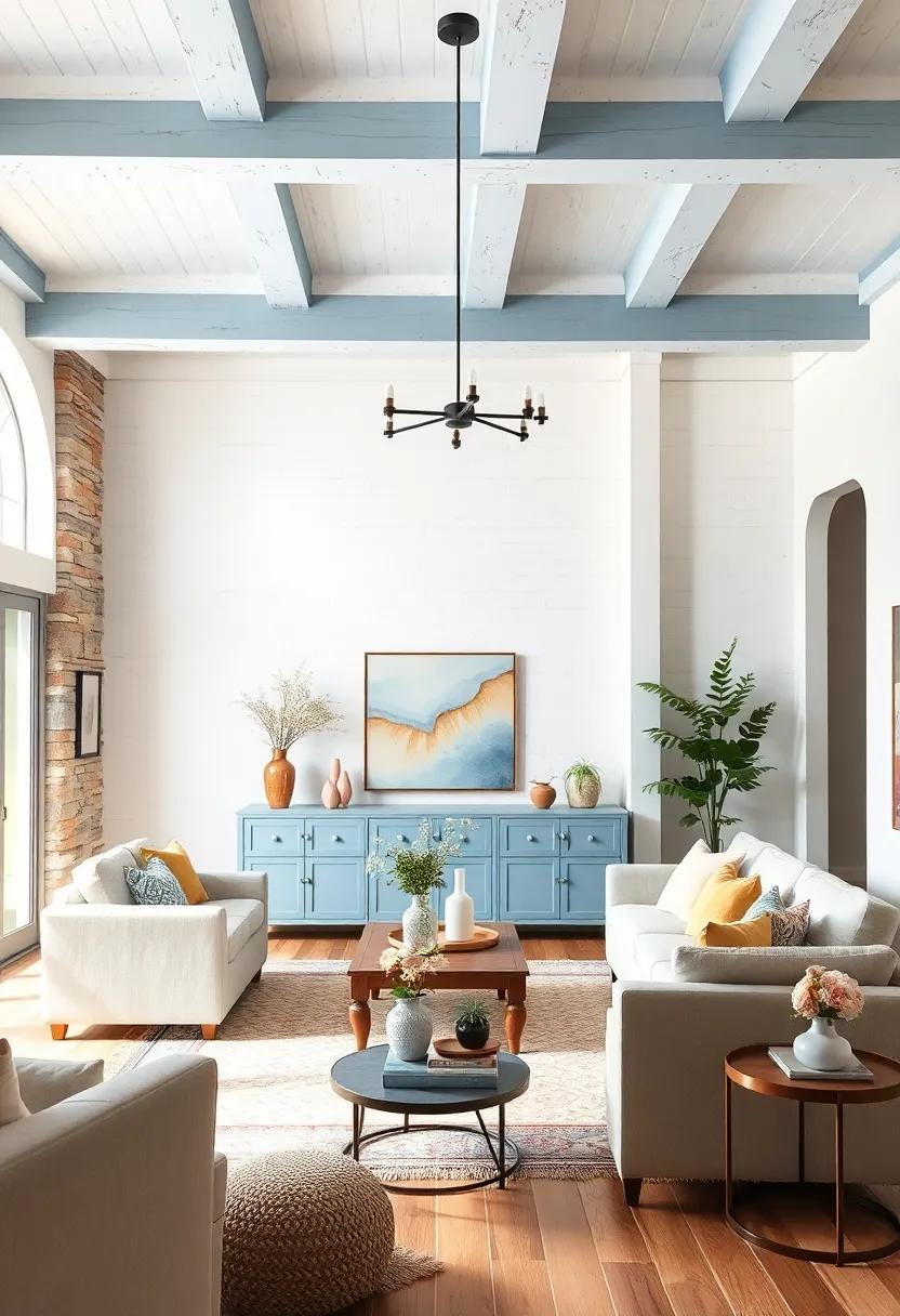 Powdery Blue Painted Ceiling Beams with Soft White Walls