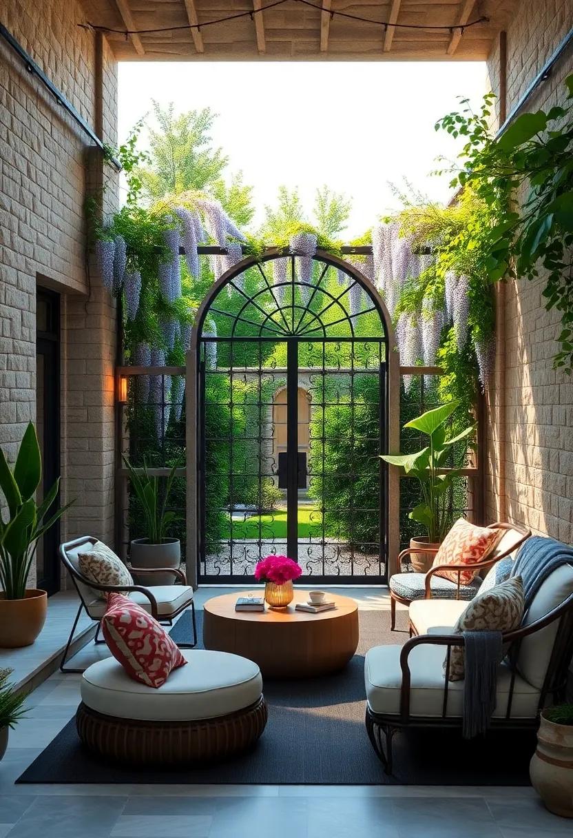 Decorative wrought iron gates doubling⁢ as arching trellises for wisteria