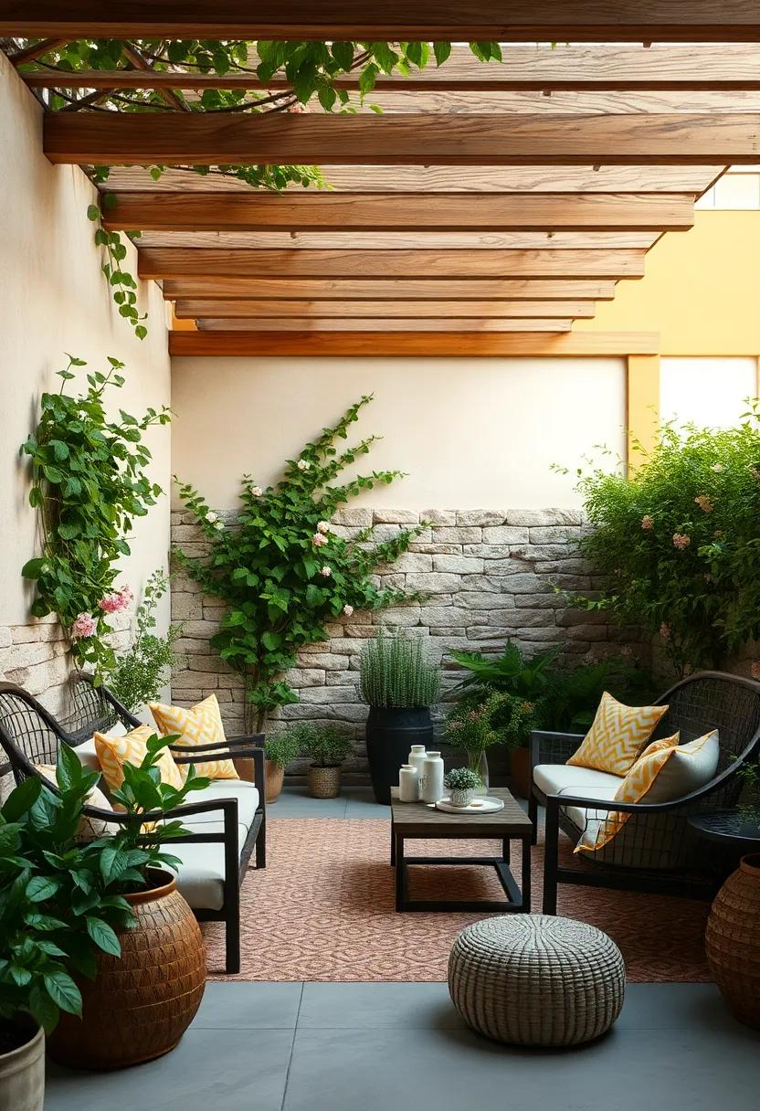 Gabion fences filled with⁤ stone and wrapped ⁤in ‌flowering ‌vines for a unique texture