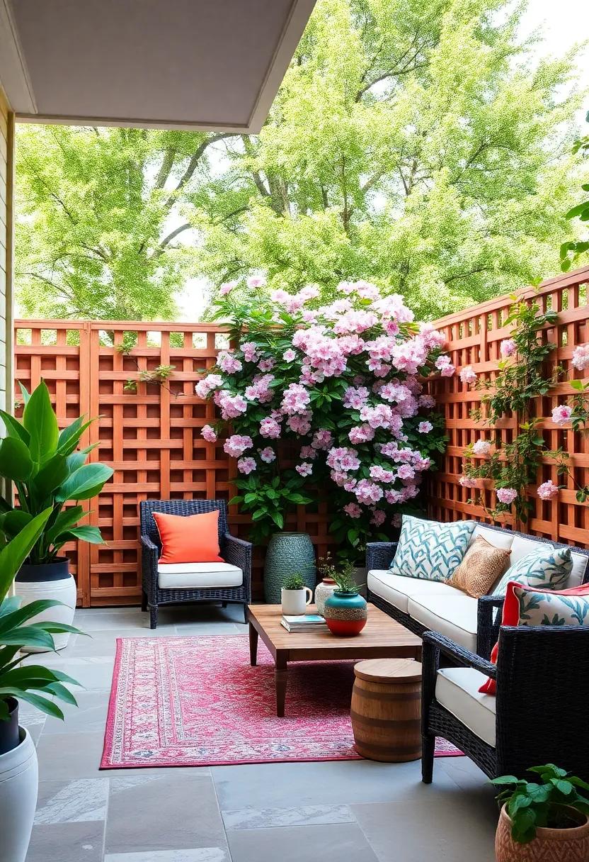 wooden lattice fences ‍painted in ⁤bold colors ​to accentuate⁢ blooming jasmine