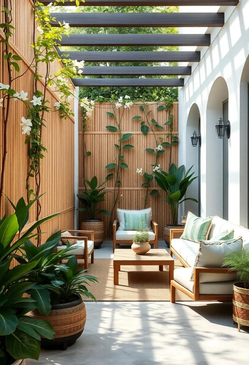 Bamboo panel fencing ⁢intertwined with jasmine for a tranquil, tropical vibe