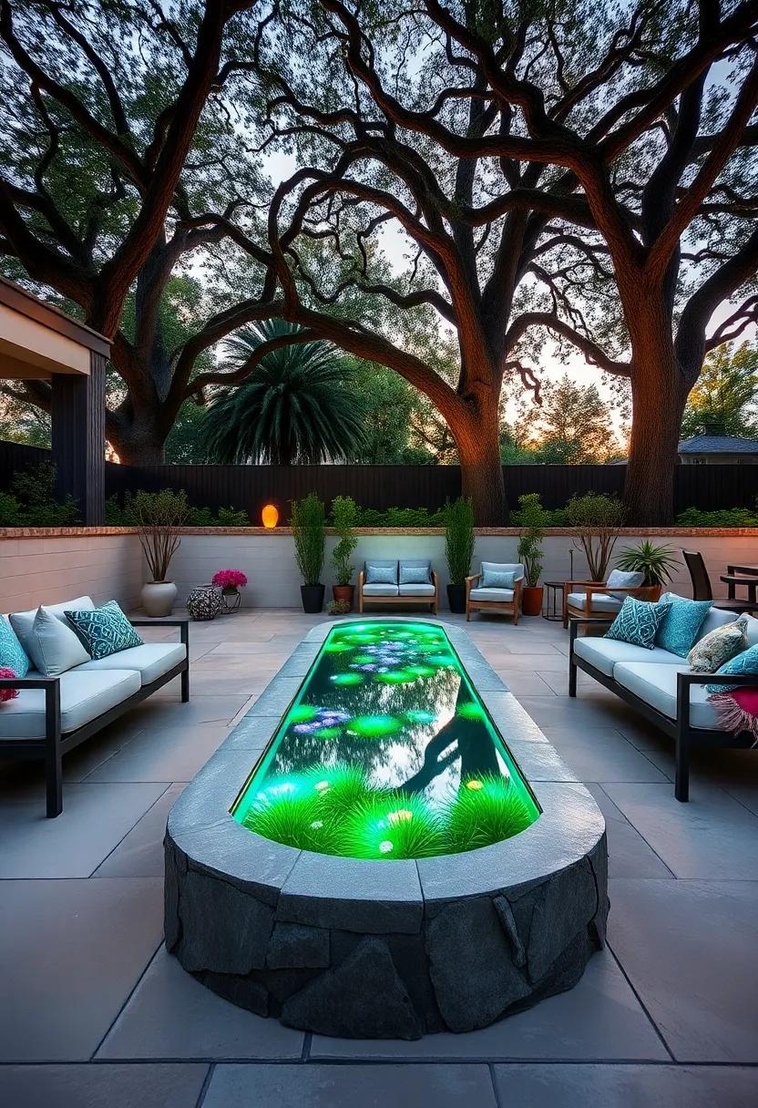 Evening ⁤Shot Of The Infinity Mirror Planter Radiating Soft⁣ Multi-Colored⁤ Light​ Beneath Towering ⁣Oak​ Trees