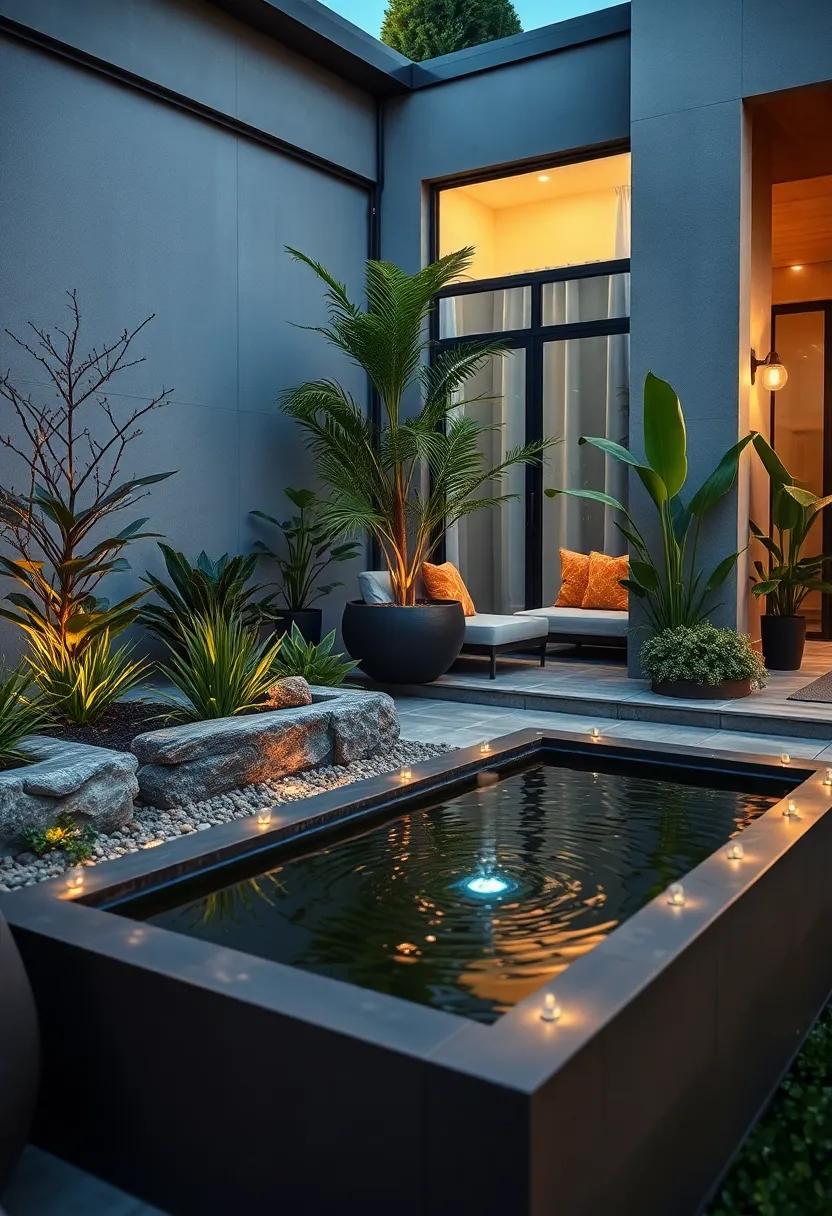 A ⁣Dynamic Composition Of⁢ An Infinity Mirror ‍Planter Positioned Near A Small⁢ Reflective Water Feature With Rippling Effects