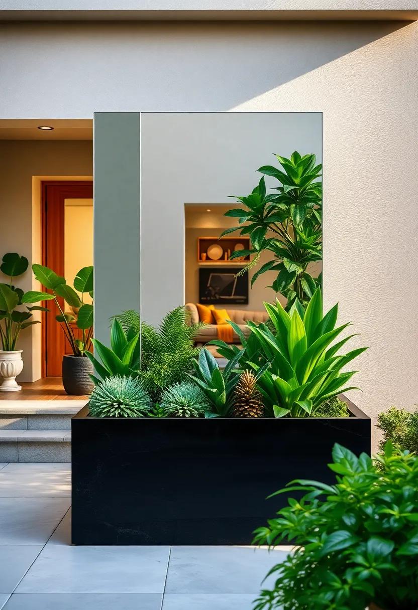 Modern Concrete Infinity ‌Mirror Planter ⁢Reflecting Crisp ‍Blue Skies And fluffy ⁤white​ Clouds On‌ A Sunny Day