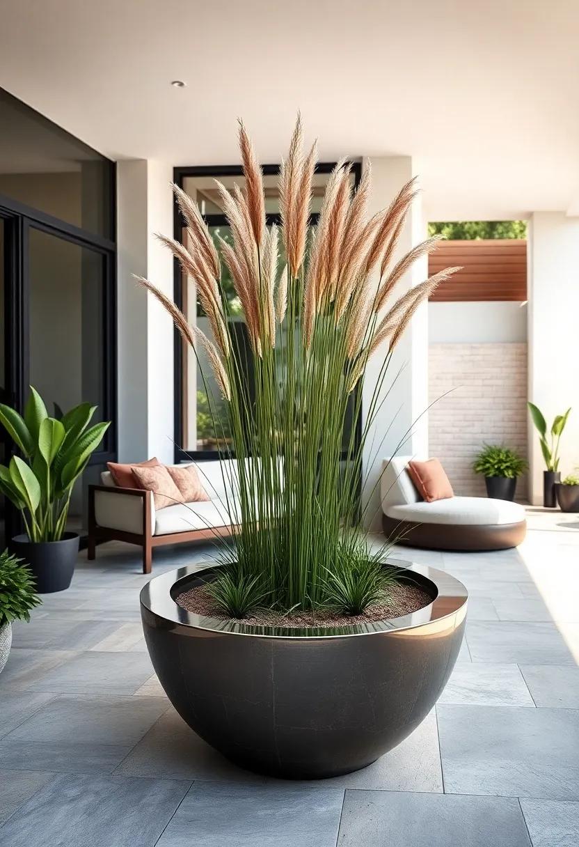 A Bold Infinity​ Mirror planter As A Central ‍Feature ​With Tall ⁢grasses Swaying Gently In The‍ Breeze