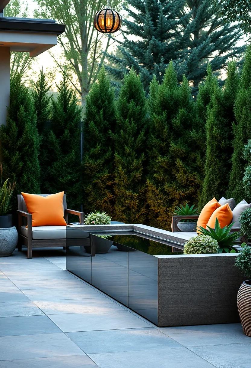 An⁣ Infinity Mirror⁢ Planter Highlighted By warm ‍Sunset Glows Against A Backdrop Of Tall ⁤Evergreen Shrubs