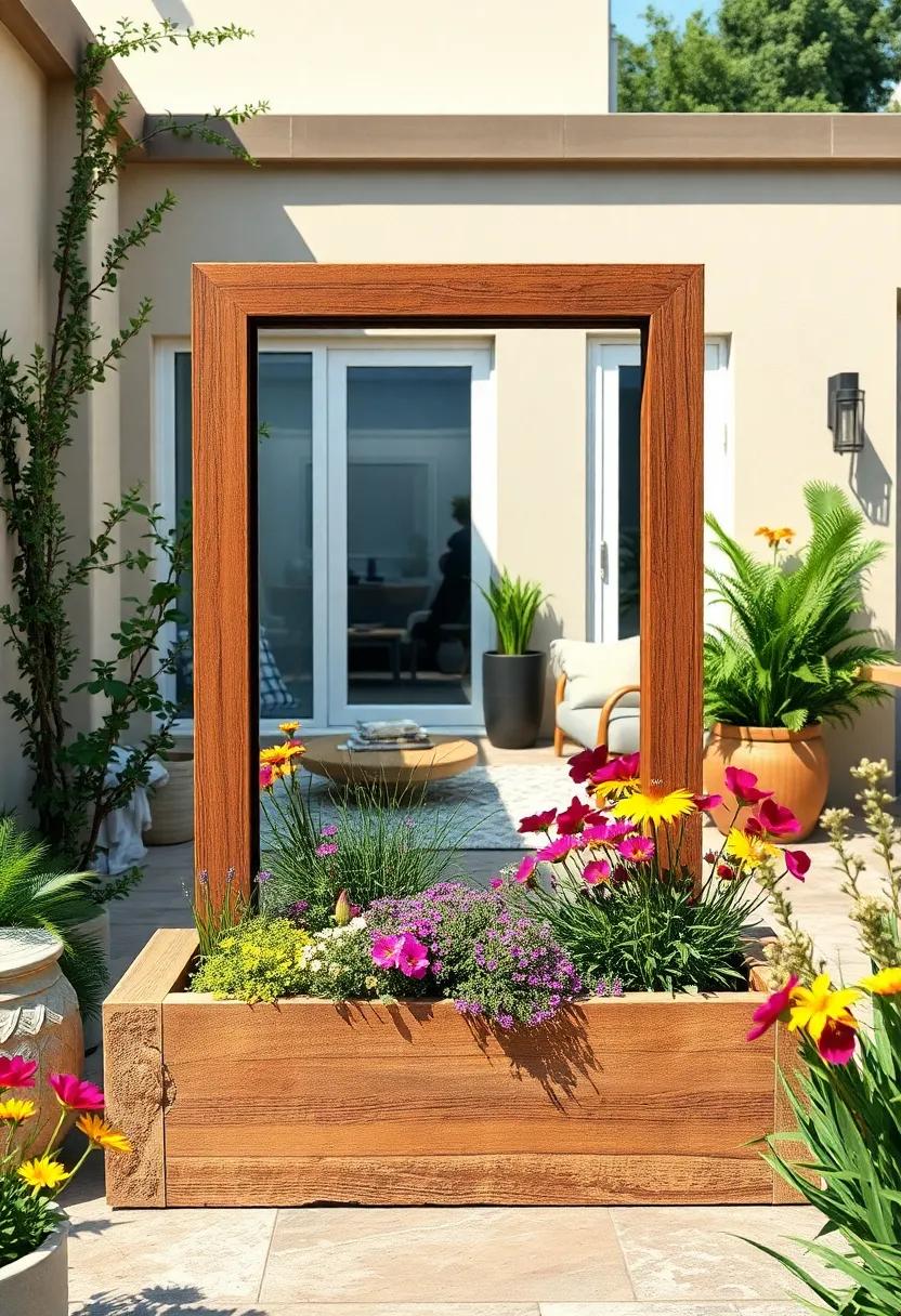 A Rustic Wooden Frame Infinity⁢ Mirror Planter Contrasting ‍Beautifully⁣ against Vibrant Wildflowers​ And Natural Textures