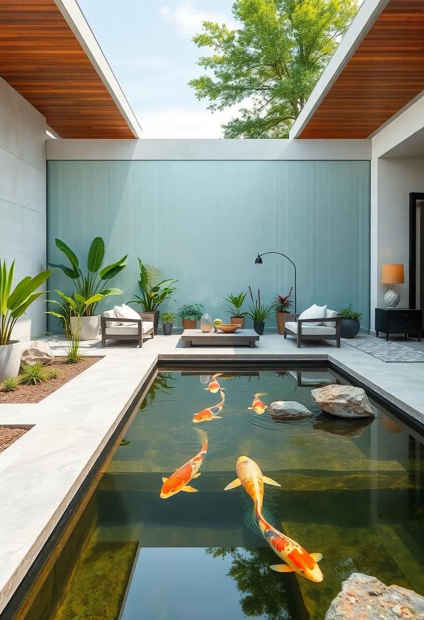 Serene Crystal Clear: A minimalist front⁤ yard⁤ koi pond with a fully transparent glass wall offering ⁢an uninterrupted view ⁣of swimming koi ⁤and water‍ plants
