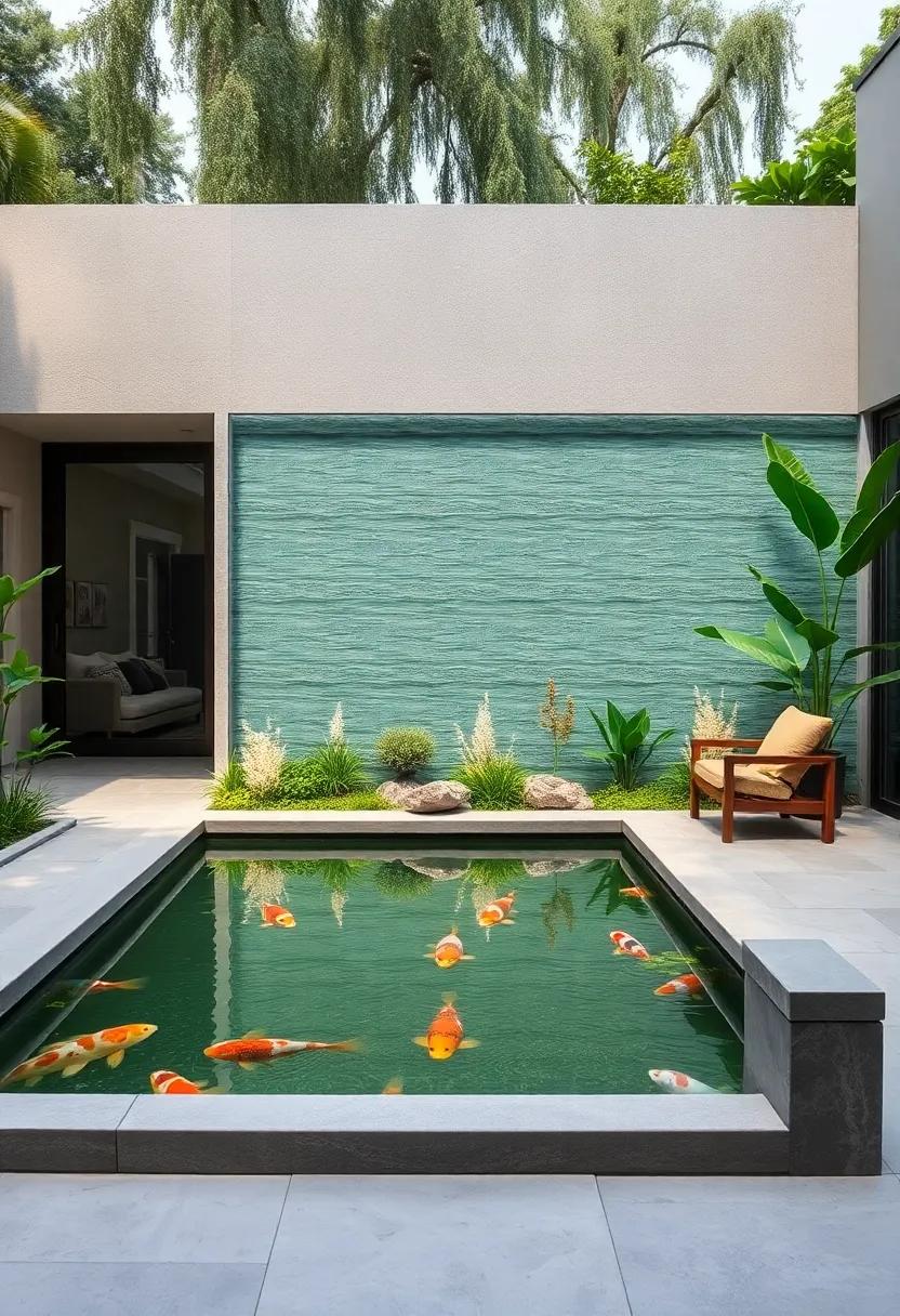 Elevated Viewing: A raised koi pond supported by a hidden frame with transparent sides, perfect to enjoy the fish at eye level