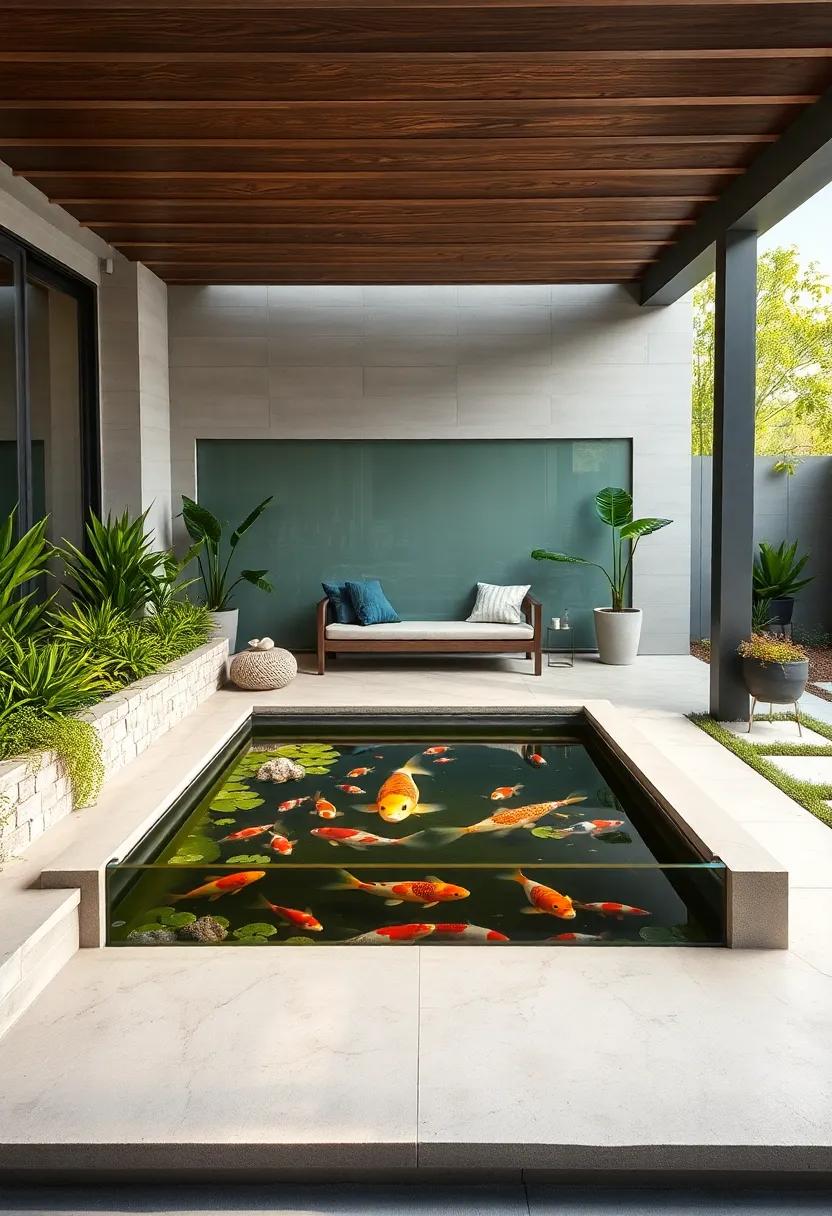 Urban Oasis: A sleek rectangular koi pond⁢ with transparent⁣ sides embedded into a modern concrete⁢ patio⁤ design