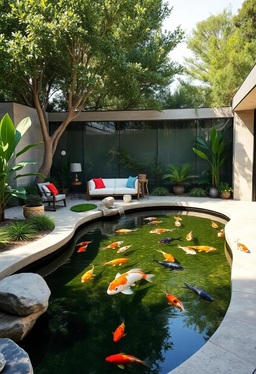 Curved Elegance: A flowing,‌ curved koi⁢ pond with transparent panels that accentuate the fish’s graceful movements in a naturalistic style