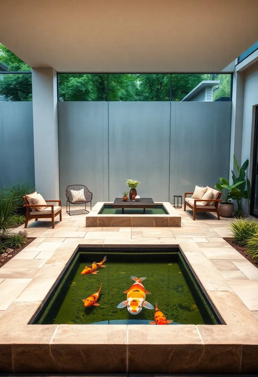 Geometric Harmony: Triangular and hexagonal koi ponds with transparent walls arranged in⁢ a geometric pattern for a modern front yard upgrade