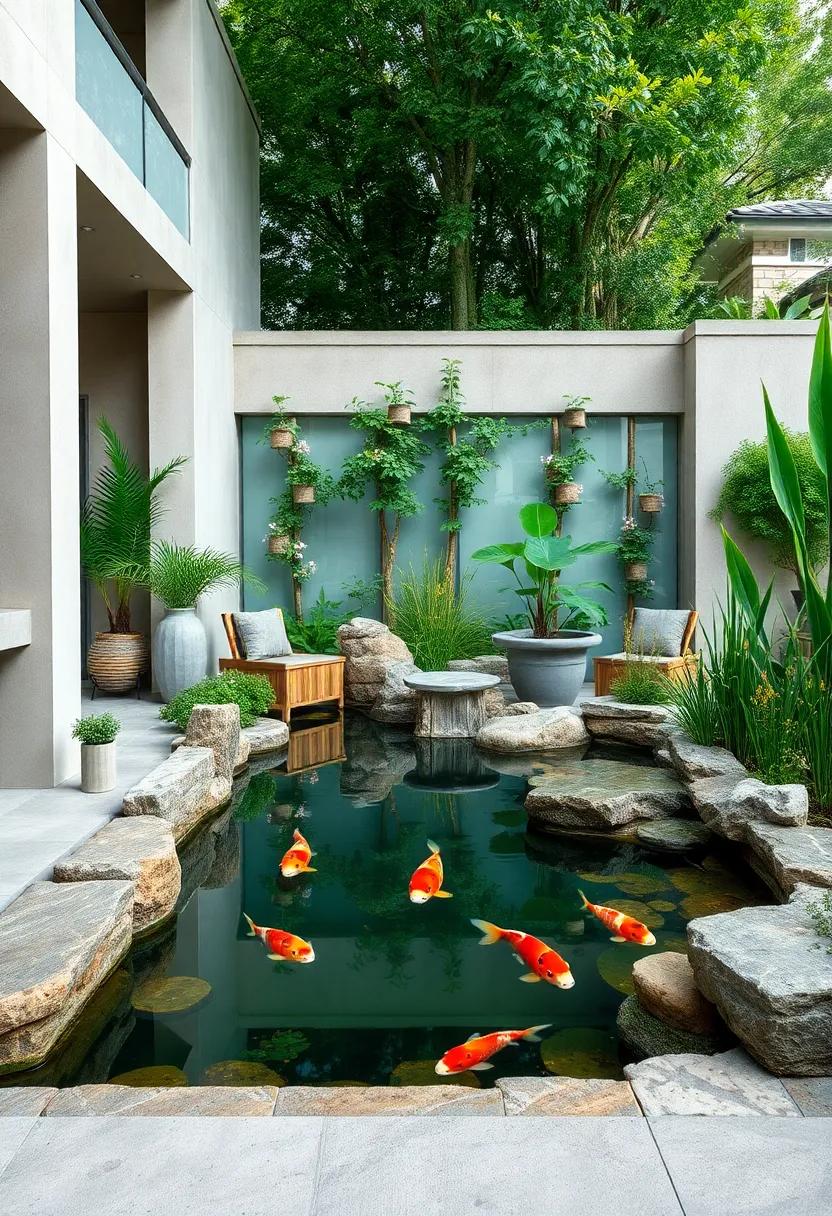 Japanese Zen Retreat: ‌A tiered koi pond‌ featuring transparent viewing panels integrated with natural‌ stone and bamboo accents in a tranquil garden space