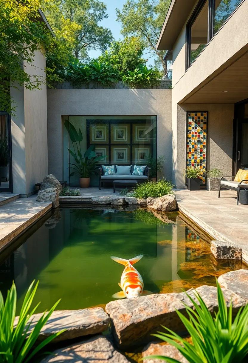 Artistic Accents: Front yard pond featuring transparent walls framed ⁣by colorful mosaics, enhancing the viewing experience