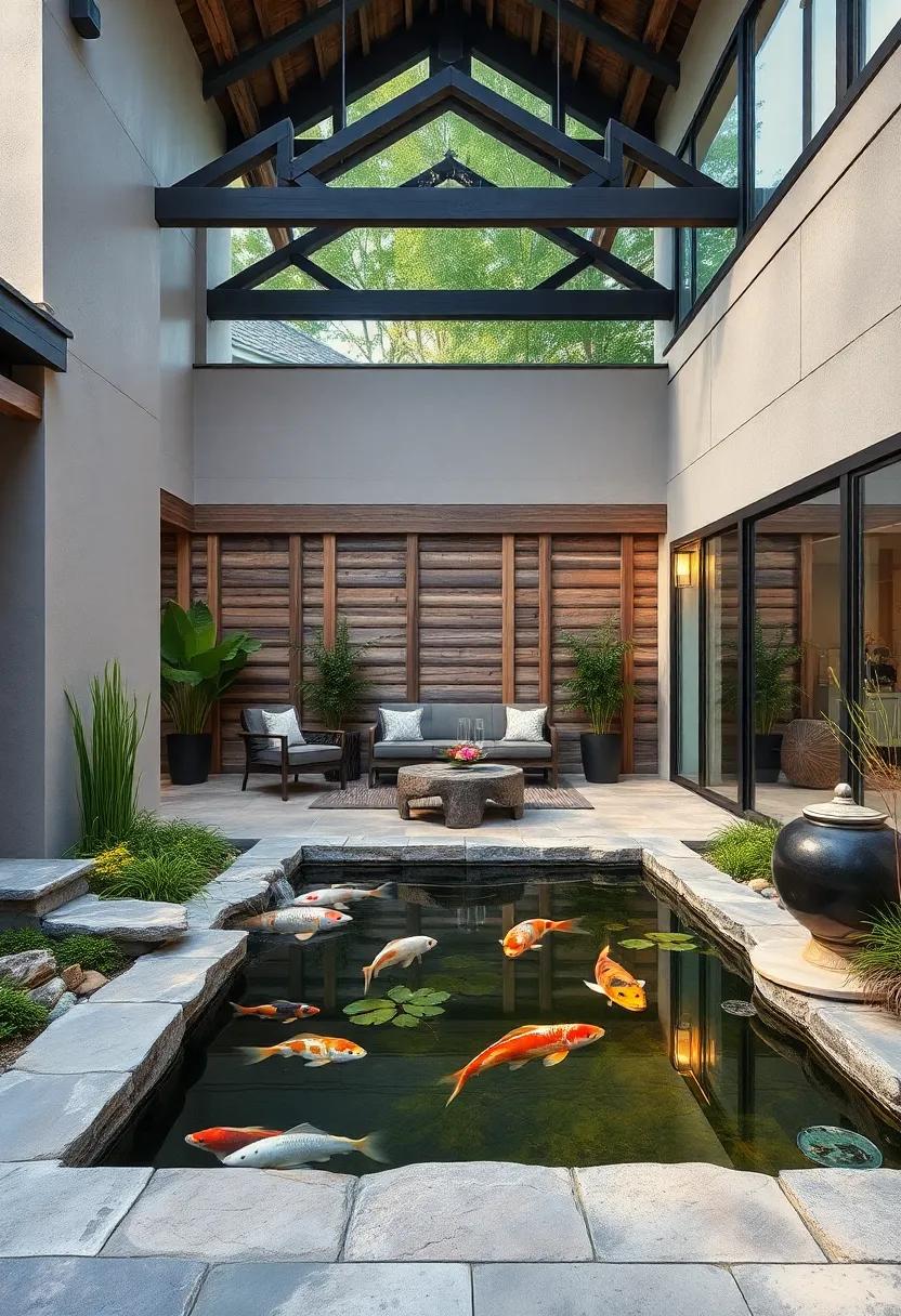 Rustic Elegance: A koi pond bordered by weathered timber and transparent viewing panels for ‍a rustic-yet-refined look