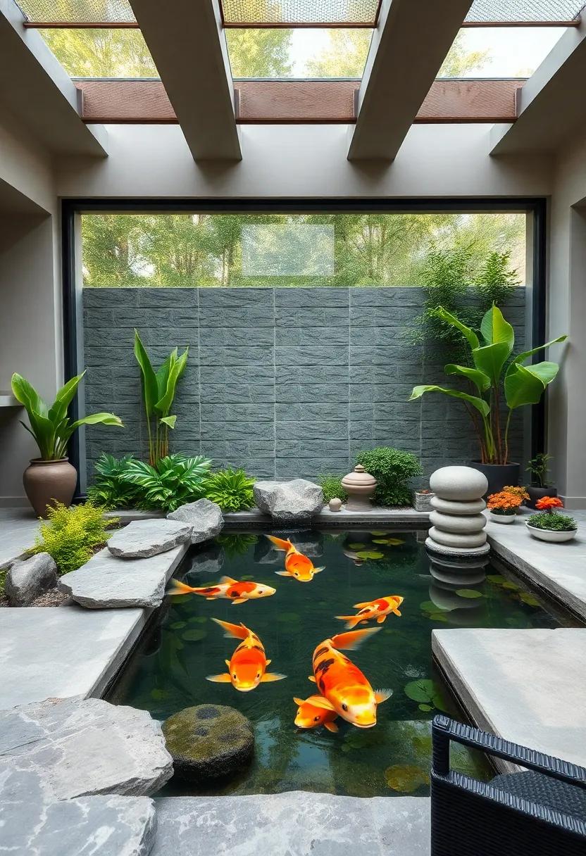 Light-Filled Haven: A koi pond designed ⁣with transparent walls positioned to maximize natural sunlight penetration for vibrant fish‌ colors