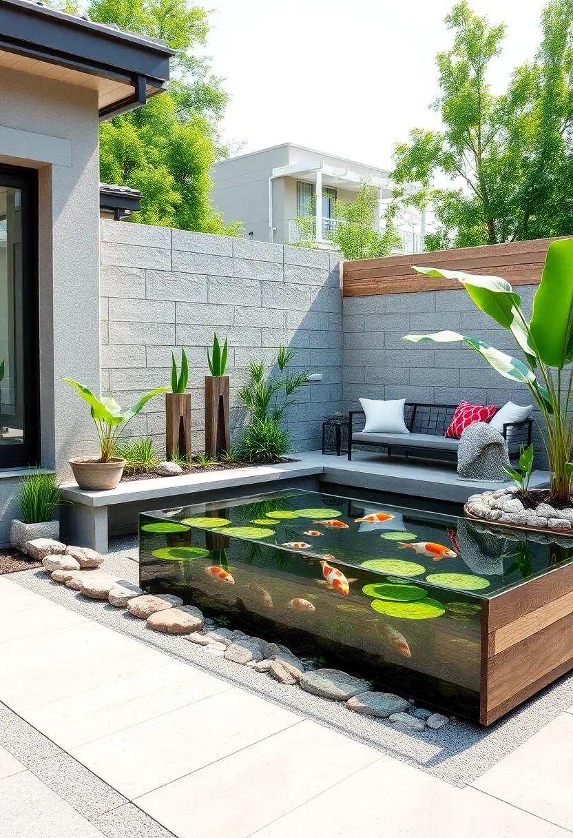 Elevated Glass ⁣Bench Pond: A multifunctional design combining transparent koi pond walls with a glass bench, merging seating with vibrant aquatic​ views
