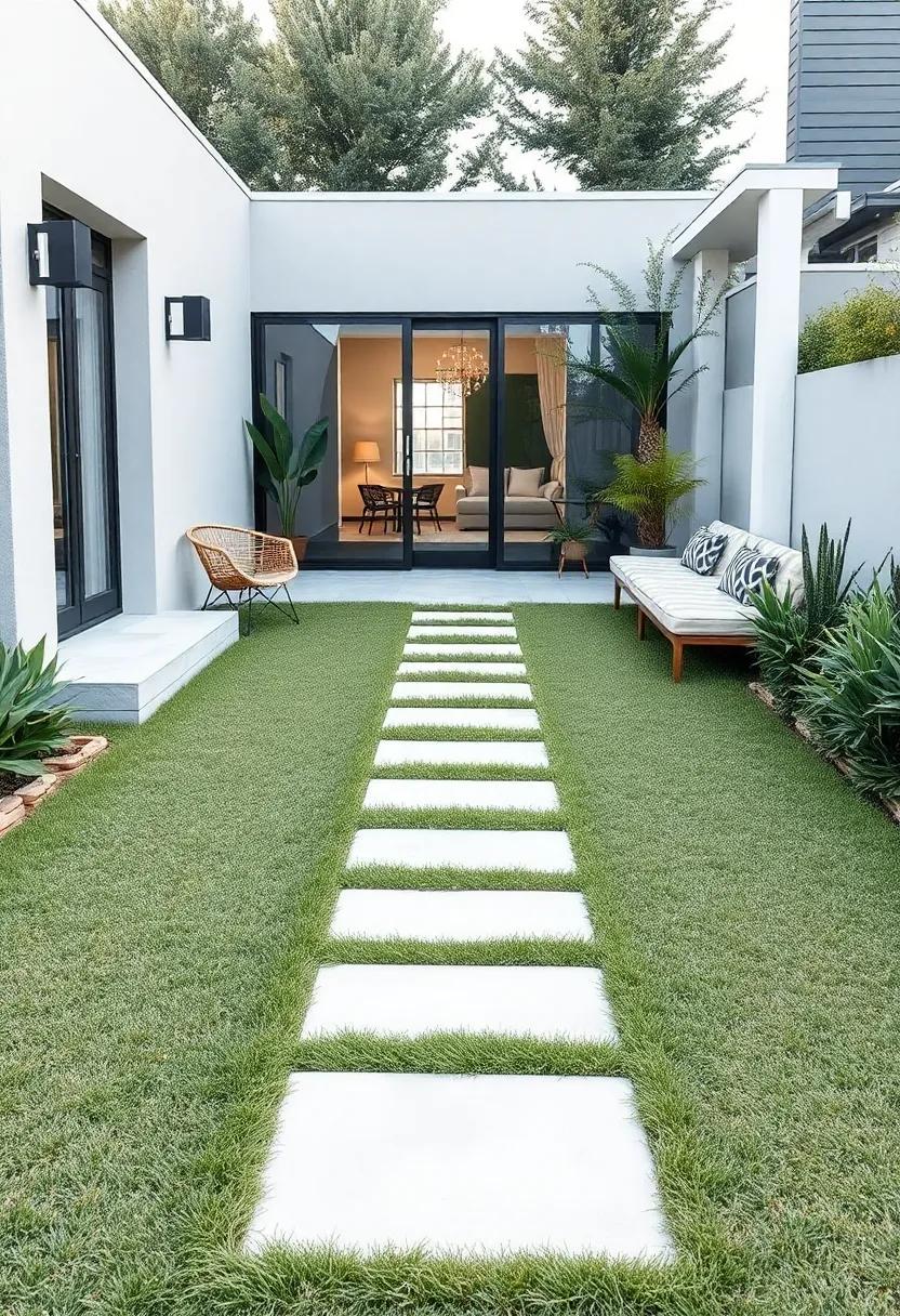 sleek ‍White Stone ​Tiles Interspersed With Grass Stripes Creating A Distinctive Nordic Minimalist Pathway