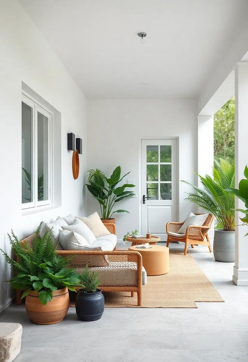 A Zen-inspired Nordic Front Porch Featuring Crisp White Walls And Natural Textured Fabrics Amidst Simple Greenery