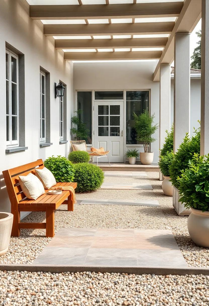 Rustic Wooden Benches Paired With Simplistic Green Shrubs and Clean Gravel Paths For A Nordic-inspired Welcome