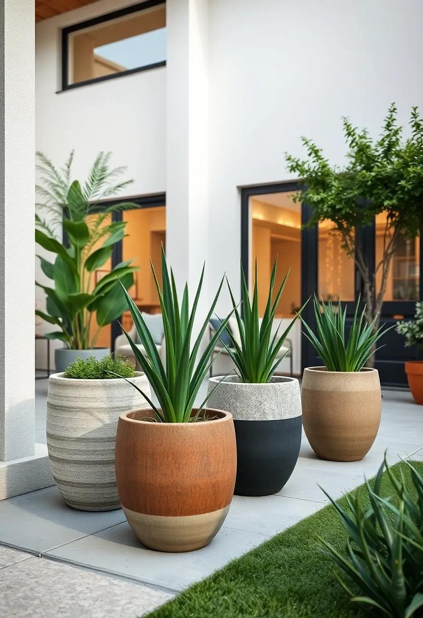 Textured Ceramic Pots Filled With Straight-Line Greens Offering Understated Nordic Front Yard Sophistication