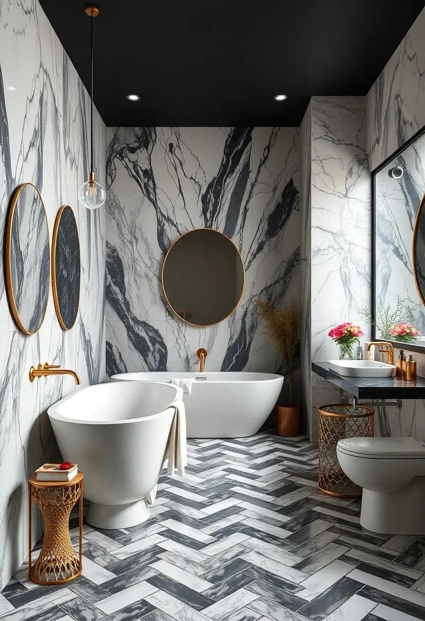 use Black and White Marble Tiles ⁤in a ⁤Herringbone Pattern for drama