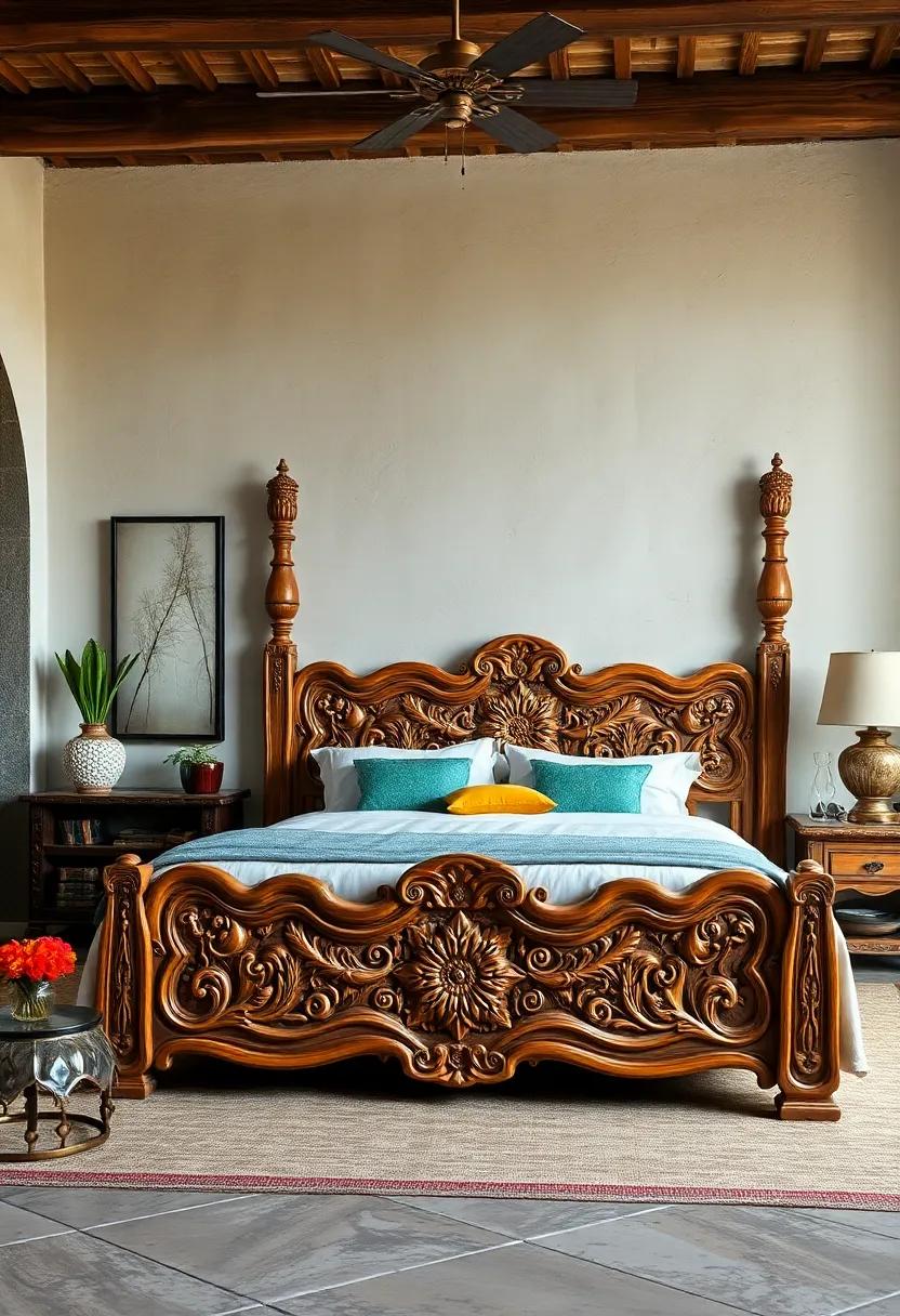 Mexican‌ Colonial Pine Bed Frame⁣ – Bold floral and animal ⁢carvings offer a rustic yet elegant appeal